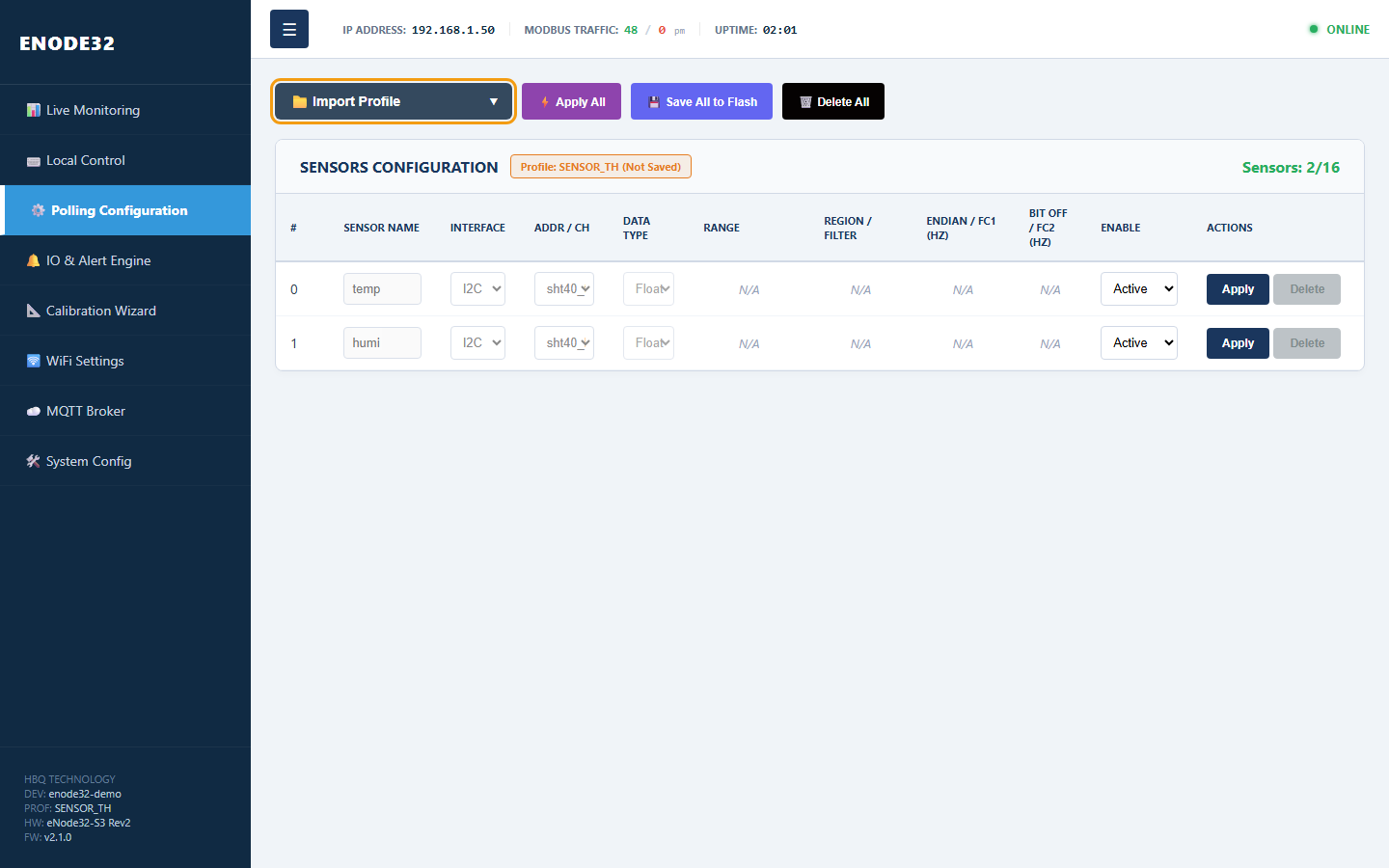 Import Profile dropdown