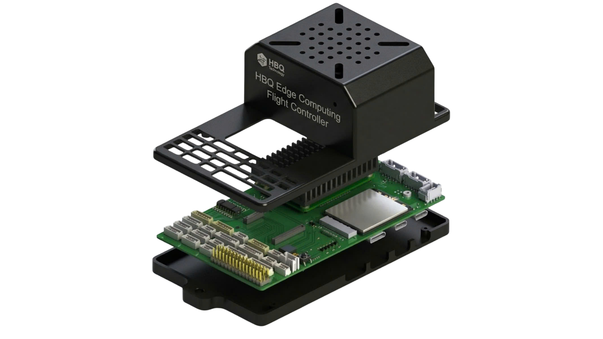 Exploded view of the HBQ flight controller enclosure, compute module and baseboard
