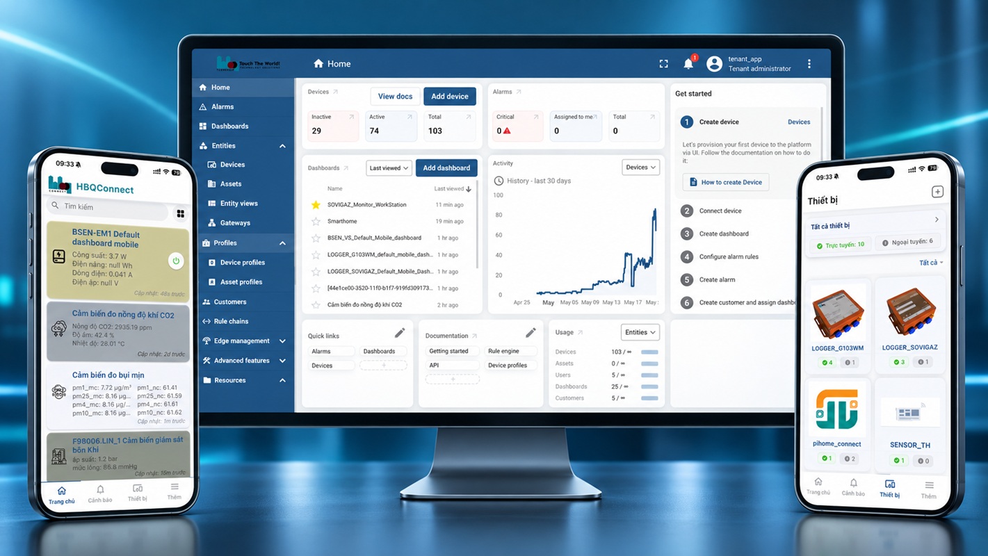 HBQconnect Cloud dashboard and Mobile App interfaces