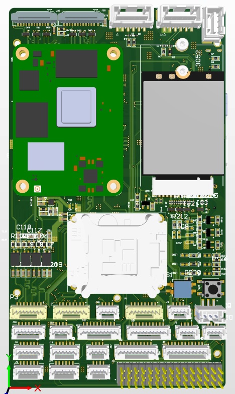 Top view of the populated flight-controller baseboard