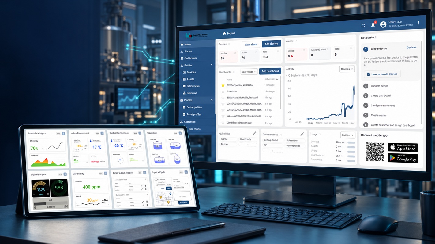 HBQconnect Cloud server dashboard displayed on an industrial operations monitor