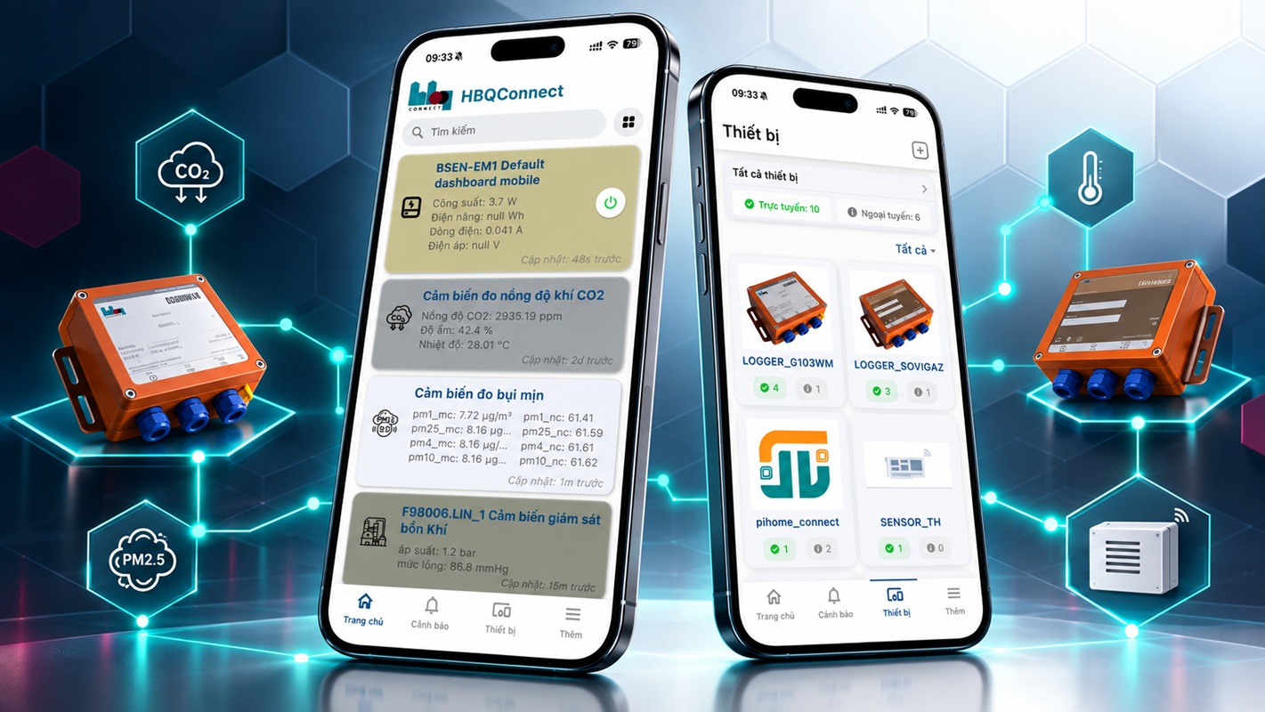 HBQconnect Mobile App shown on two smartphones in an industrial monitoring environment